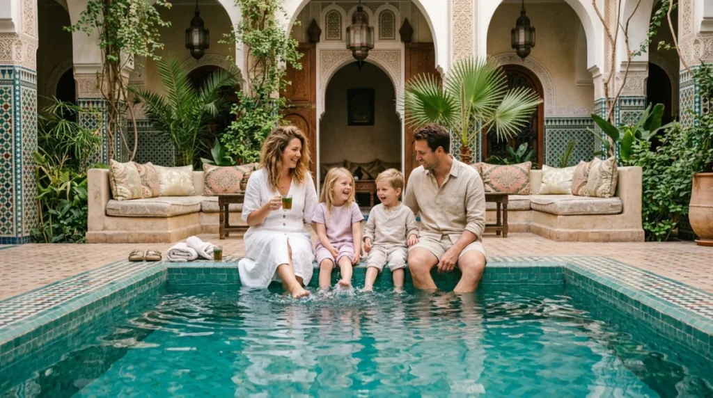 Famille détendue au bord de la piscine d'un riad traditionnel lors d'un séjour en famille à Marrakech.