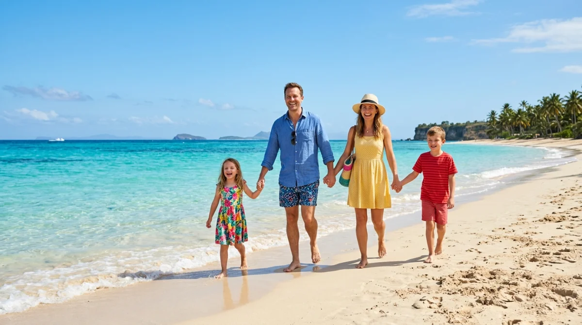 Famille heureuse marchant main dans la main sur une plage tropicale pour des vacances en août.