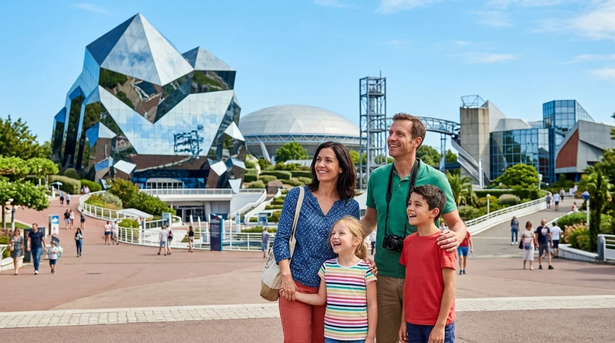 Famille souriante admirant les attractions futuristes du parc du Futuroscope lors d'une sortie à Poitiers.