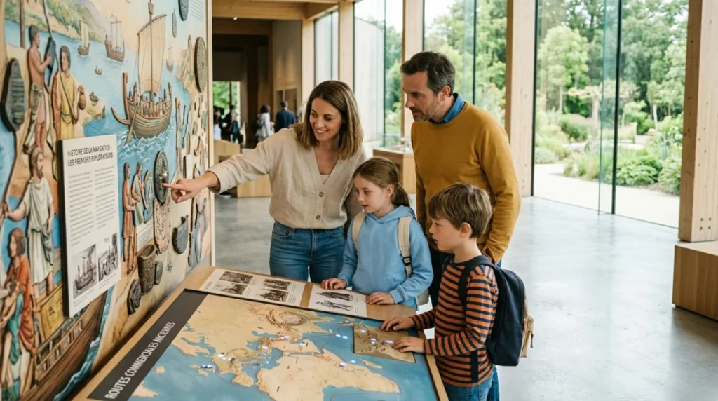 Famille observant une exposition historique dans un musée moderne lors d'un voyage en famille enrichissant.