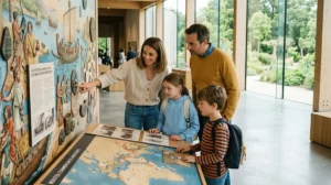 Famille observant une exposition historique dans un musée moderne lors d'un voyage en famille enrichissant.