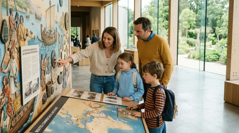 Famille observant une exposition historique dans un musée moderne lors d'un voyage en famille enrichissant.