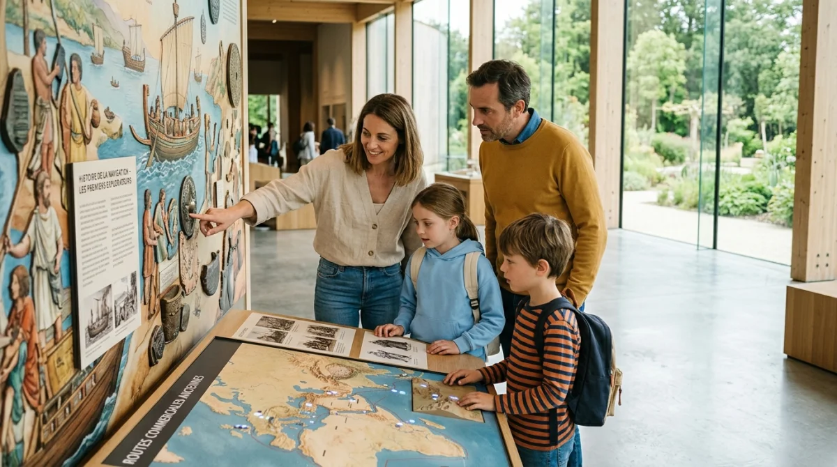 Famille observant une exposition historique dans un musée moderne lors d'un voyage en famille enrichissant.