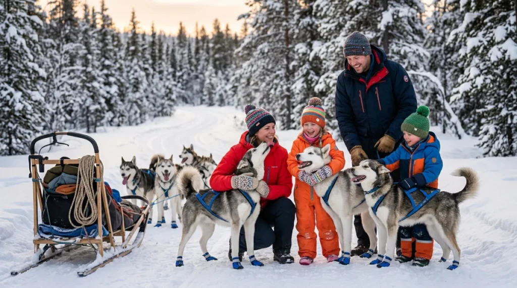 Famille heureuse caressant des chiens de traîneau dans une forêt enneigée lors d'un voyage en Laponie en famille.