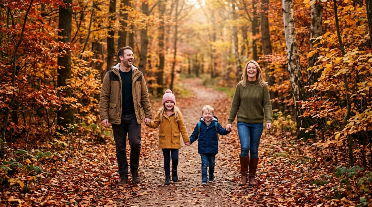 Famille joyeuse marchant main dans la main sur un sentier forestier aux couleurs automnales pour vos vacances d'octobre.