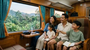 Famille souriante admirant la jungle thaïlandaise depuis le confort d'un train de nuit lors d'un voyage en famille.