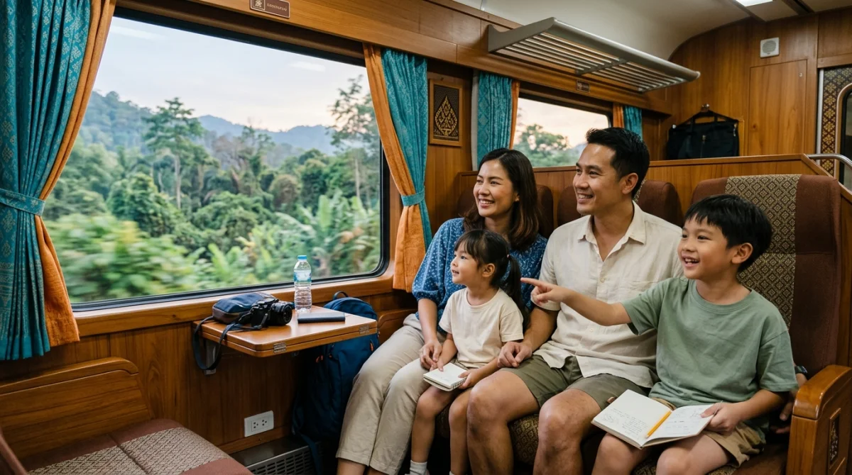 Famille souriante admirant la jungle thaïlandaise depuis le confort d'un train de nuit lors d'un voyage en famille.