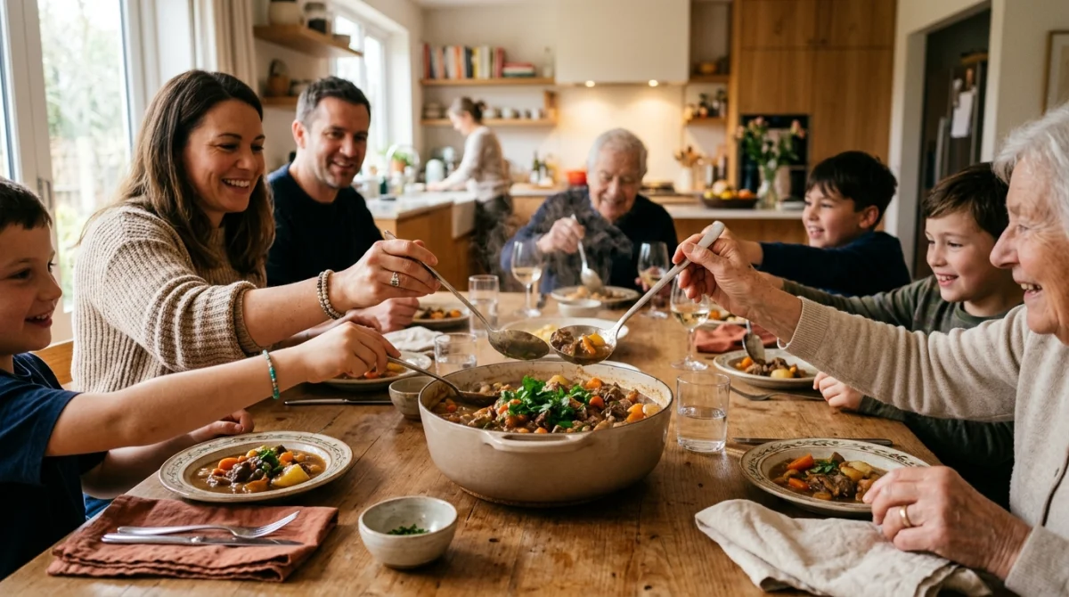 Famille partageant un plat généreux et fumant sur une table en bois pour une idée repas en famille.