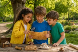 Trois enfants souriants participent à un jeu de piste ludique lors d'une sortie en famille gratuite en Île-de-France.