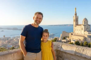 Famille admirant la vue sur Marseille depuis une terrasse lors d'une sortie gratuite en famille sous le soleil.