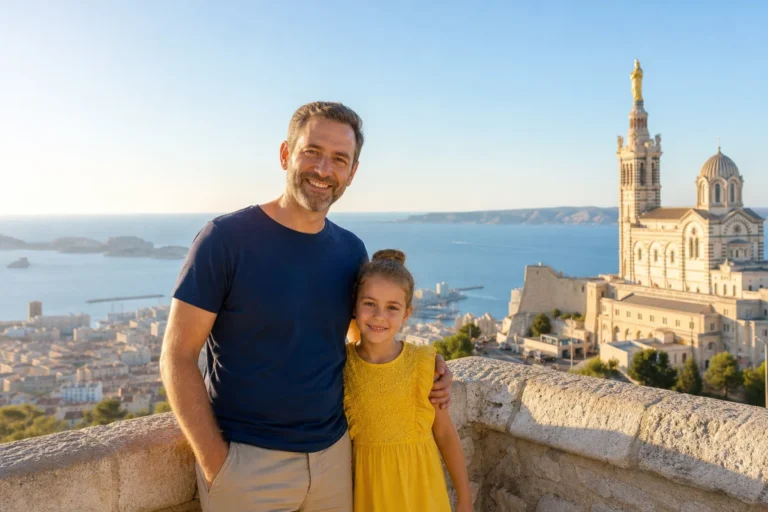 Famille admirant la vue sur Marseille depuis une terrasse lors d'une sortie gratuite en famille sous le soleil.