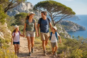 Famille heureuse en randonnée sur un sentier côtier méditerranéen pour une sortie en famille PACA gratuite.