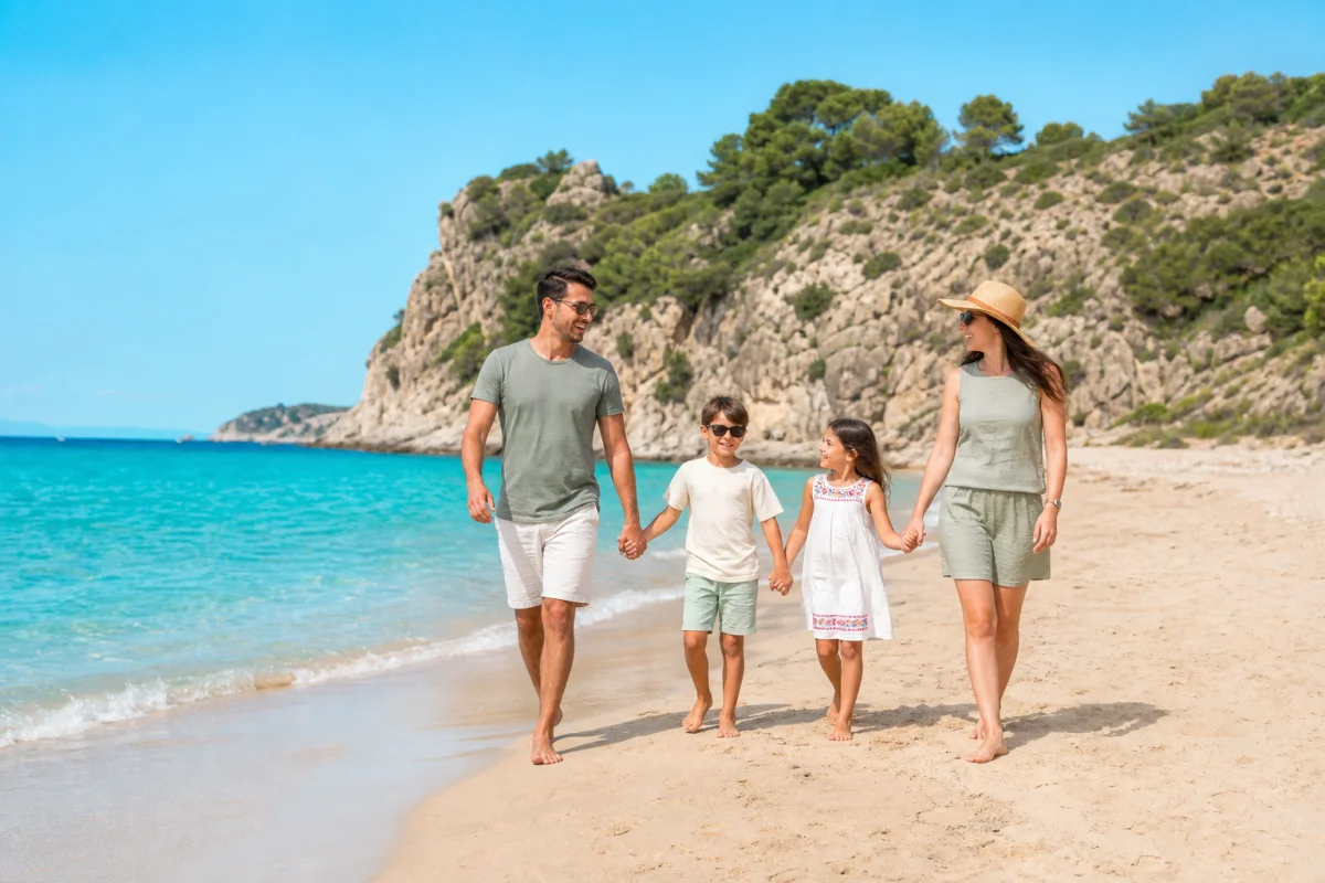 Famille heureuse marchant sur une plage méditerranéenne pour une sortie en famille gratuite en région PACA.