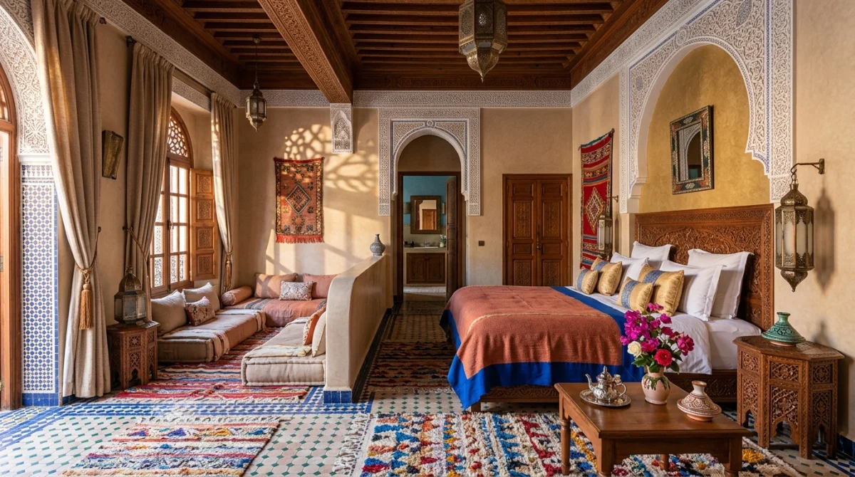 Suite familiale luxueuse et traditionnelle dans un riad à Marrakech pour un séjour paisible en famille.