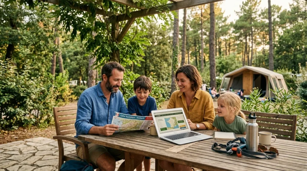 Famille organisant un voyage en famille pas cher à l'étranger sur une terrasse de camping verdoyante.