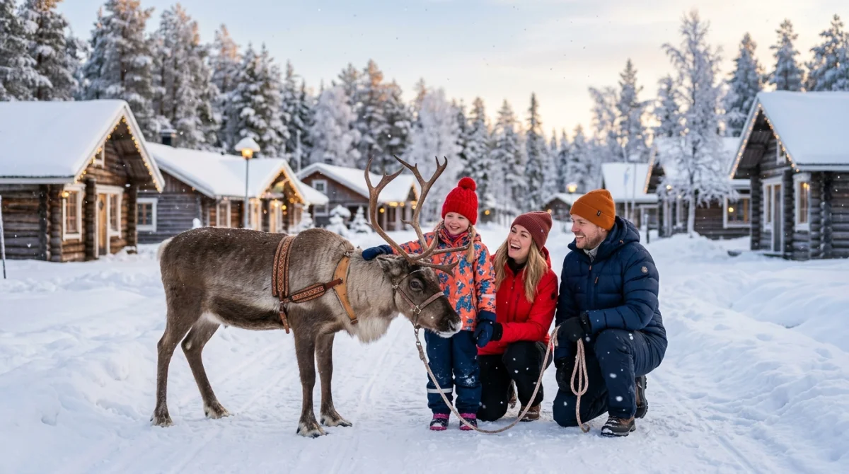 Famille joyeuse interagissant avec un renne dans un paysage enneigé lors d'un voyage en Laponie en famille.