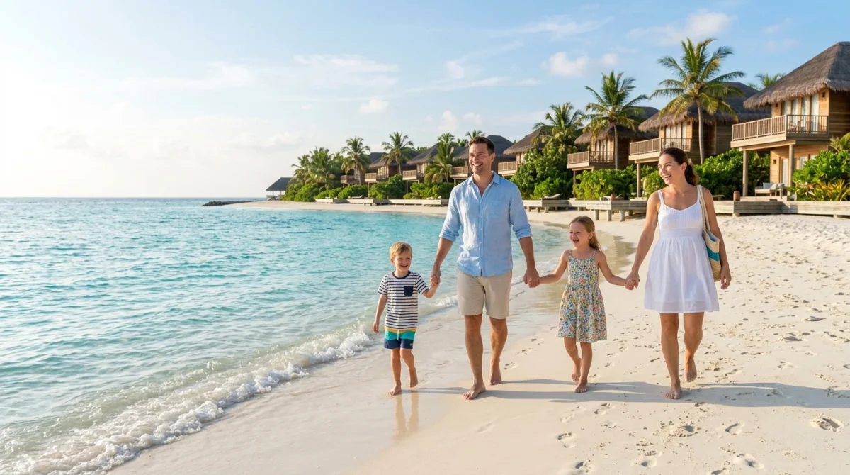 Famille souriante marchant sur une plage de sable blanc lors d'un voyage en Thaïlande en famille.
