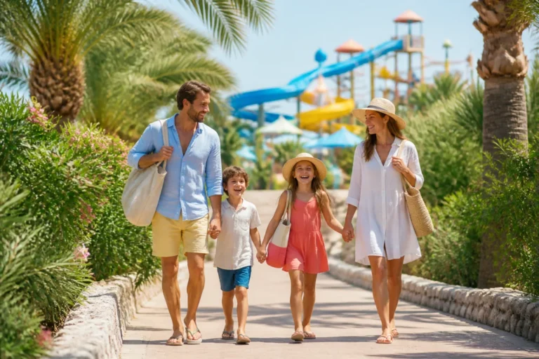 Famille heureuse marchant vers un parc aquatique lors de vacances ensoleillées à Argelès-sur-Mer.