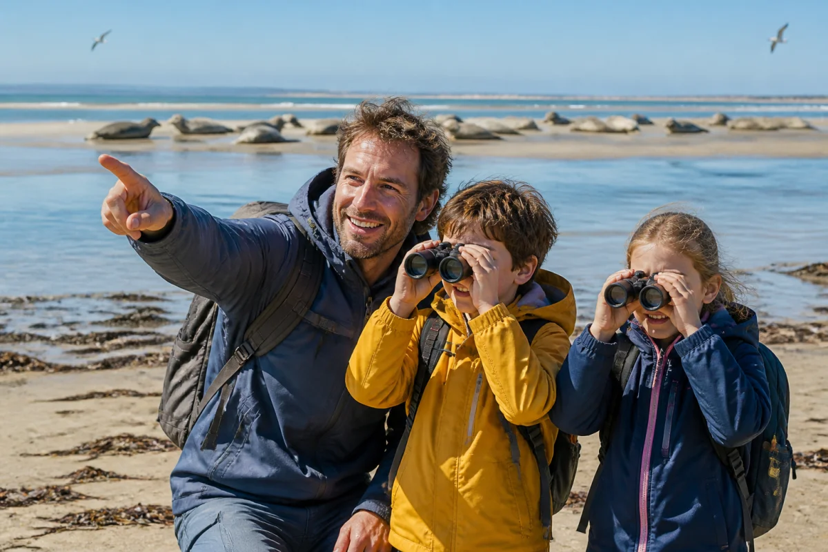 Famille observant avec enthousiasme des phoques sur la plage de Berck lors d'une sortie en bord de mer.