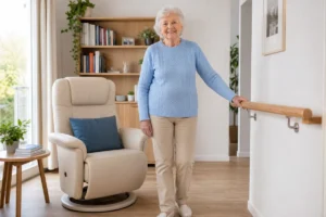 Personne âgée souriante dans un intérieur moderne et sécurisé, illustrant comment obtenir une aide de la caisse de retraite.