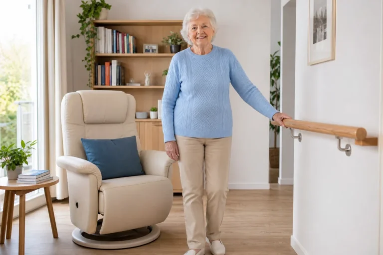 Personne âgée souriante dans un intérieur moderne et sécurisé, illustrant comment obtenir une aide de la caisse de retraite.