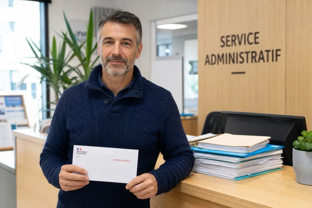 Personne sereine tenant une enveloppe officielle dans un bureau pour illustrer comment obtenir une aide pour payer sa mutuelle.