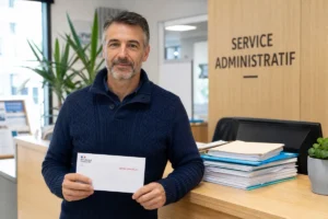 Personne sereine tenant une enveloppe officielle dans un bureau pour illustrer comment obtenir une aide pour payer sa mutuelle.