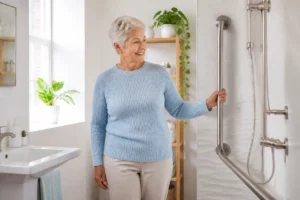 Personne âgée souriante dans une salle de bain moderne adaptée pour découvrir quelles aides pour les plus de 70 ans.