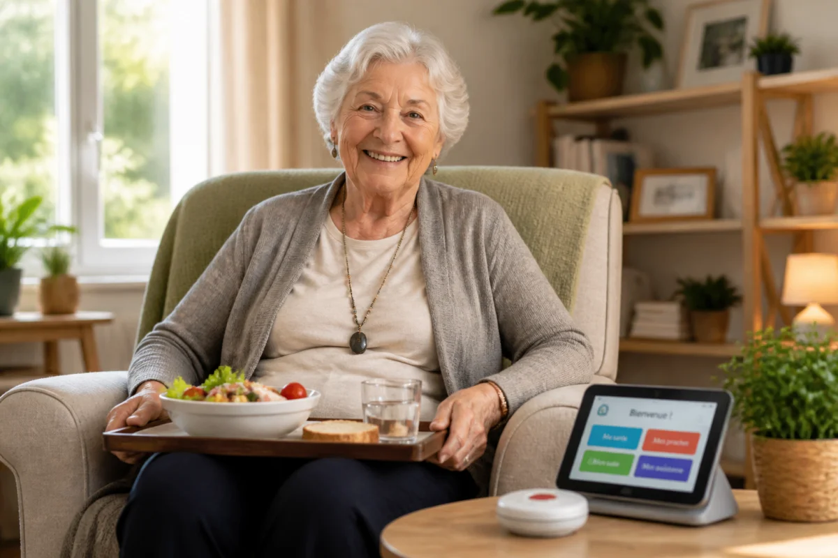 Personne âgée souriante et autonome dans un salon lumineux, illustrant les aides disponibles pour les plus de 70 ans.