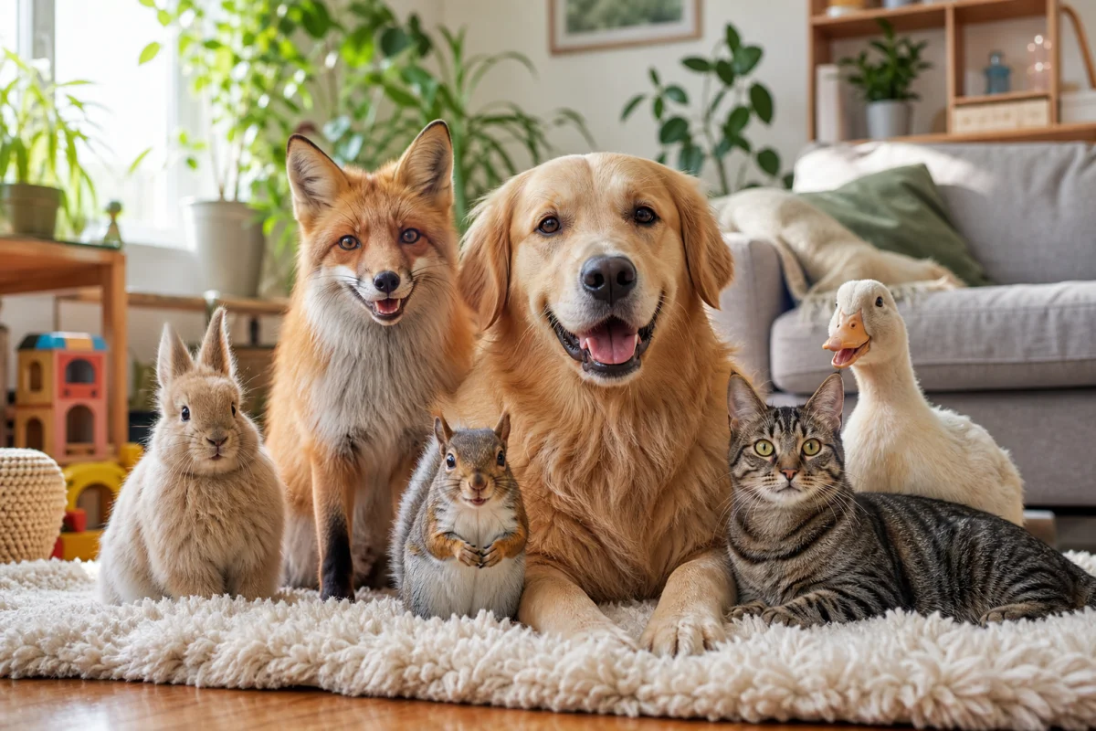 Groupe d'animaux domestiques et sauvages souriants partageant un moment de complicité dans un salon familial chaleureux.