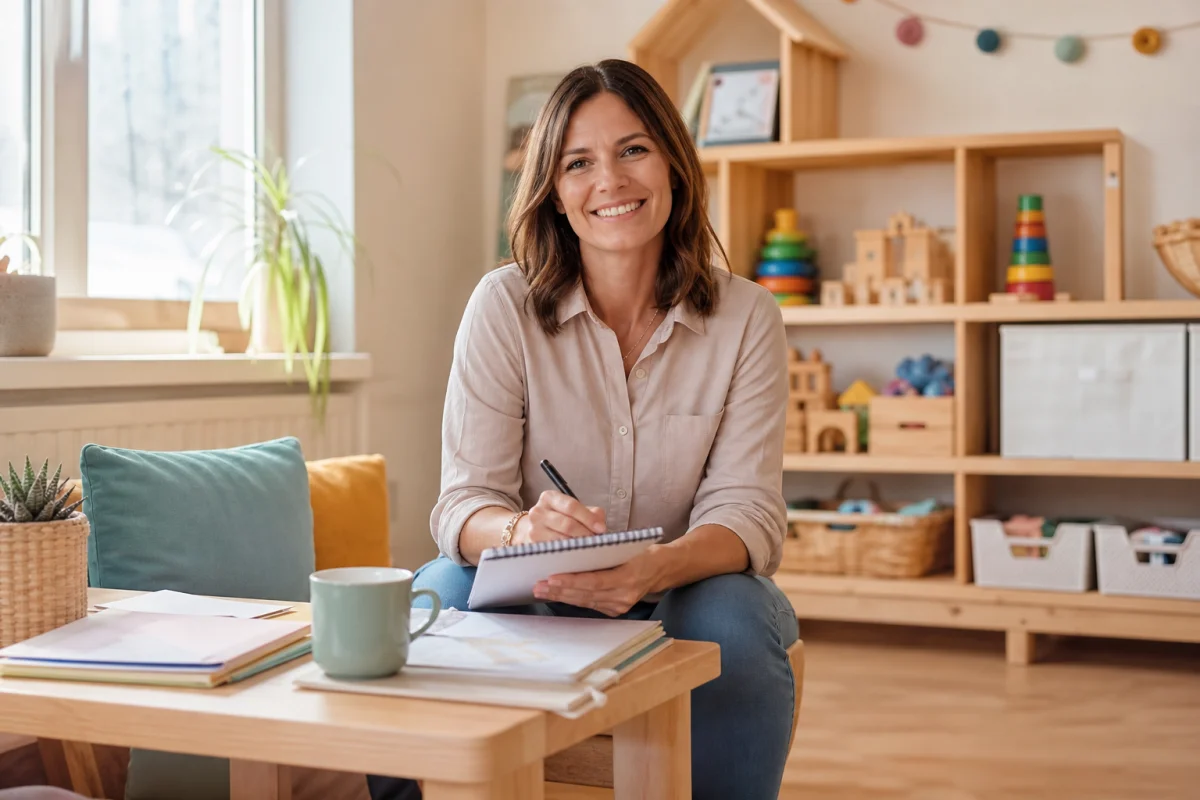 Assistante maternelle souriante notant les frais de l'indemnité entretien nounou dans un salon chaleureux et organisé.