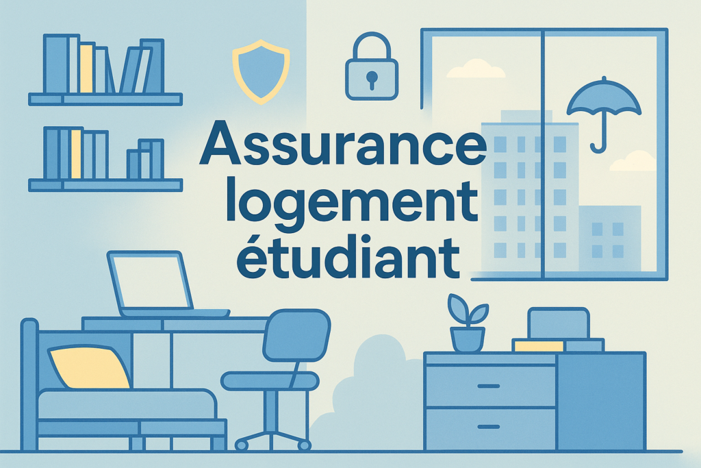 illustration d une chambre etudiante moderne avec icones de protection pour assurance logement etudiant