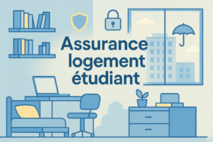 illustration d une chambre etudiante moderne avec icones de protection pour assurance logement etudiant