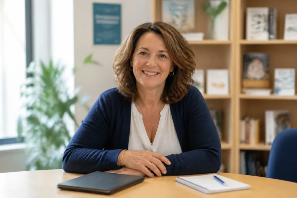 Bénévole souriante du Secours Catholique accueillant une personne pour proposer des aides et un accompagnement personnalisé.