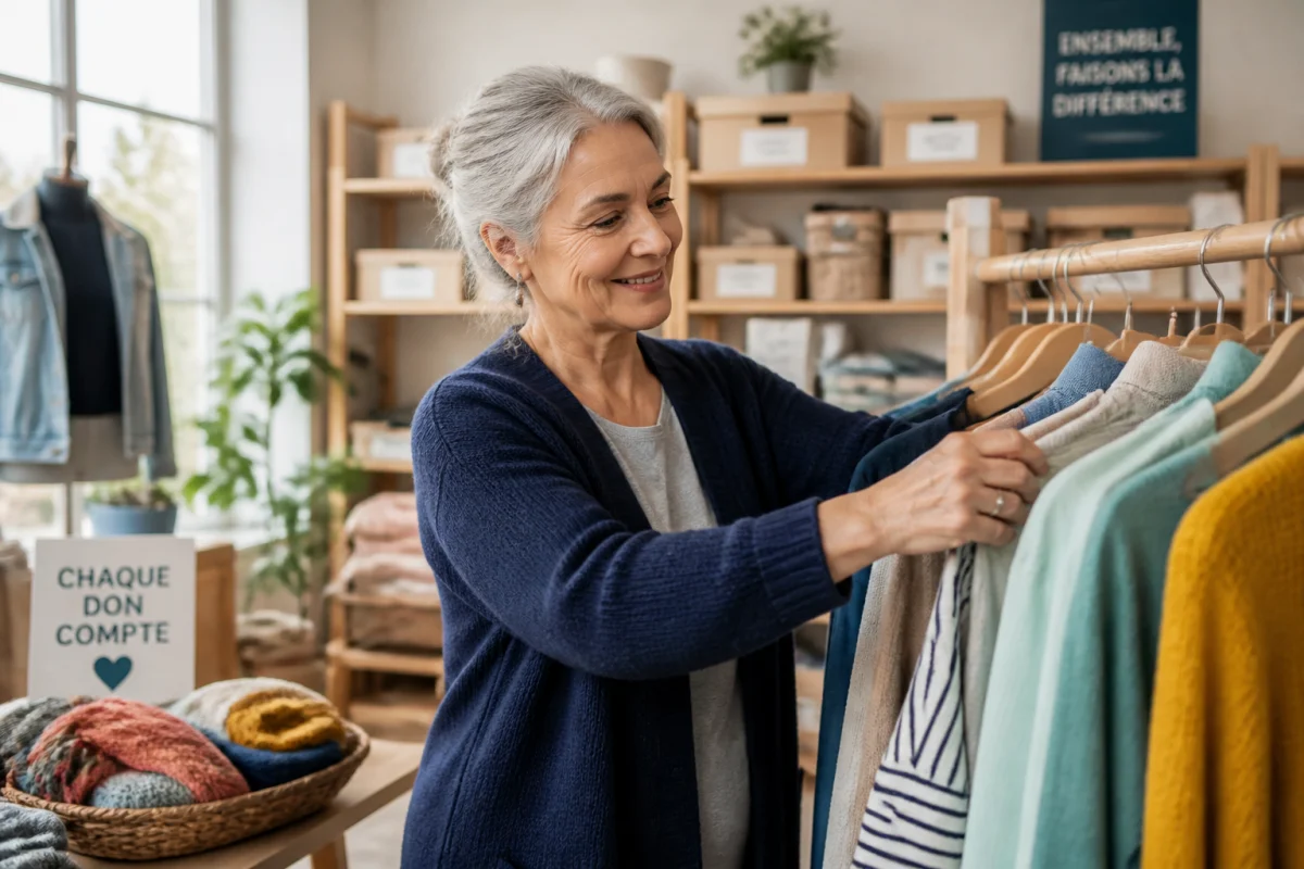 Bénévole souriante du Secours catholique organisant des vêtements dans une boutique solidaire lumineuse et accueillante.