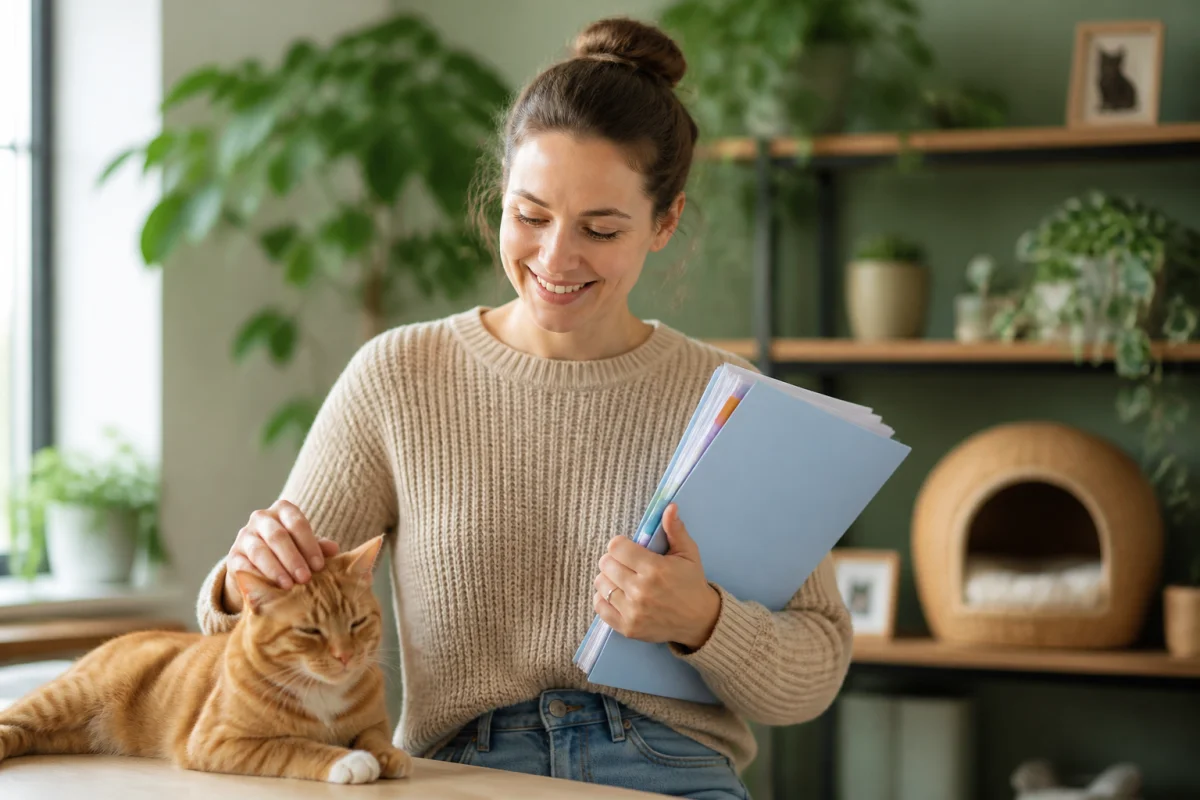 Personne organisée tenant un dossier administratif tout en caressant son chat pour illustrer une aide aux animaux.