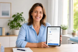 Nounou souriante utilisant une tablette pour gérer sereinement les démarches administratives liées à l'indemnité fin de contrat nounou.