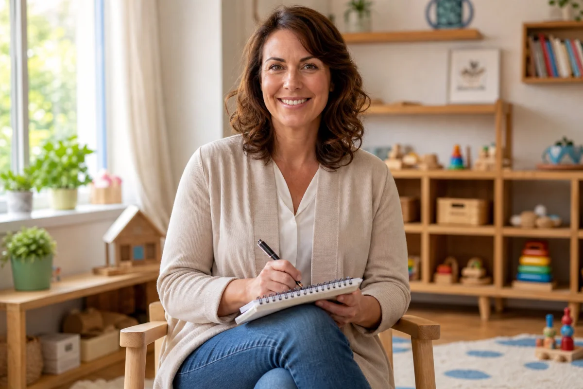 Assistante maternelle souriante tenant un carnet, illustrant le calcul d'une indemnité de fin de contrat nounou professionnelle.