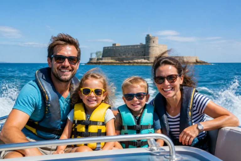 Famille souriante en bateau devant le Fort Boyard lors d'une sortie en mer à La Rochelle.