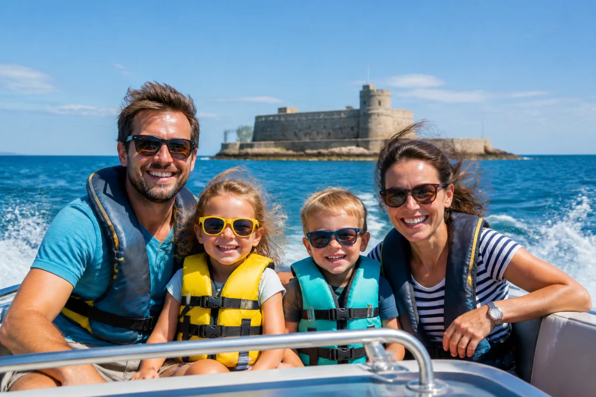 Famille souriante en bateau devant le Fort Boyard lors d'une sortie en mer à La Rochelle.