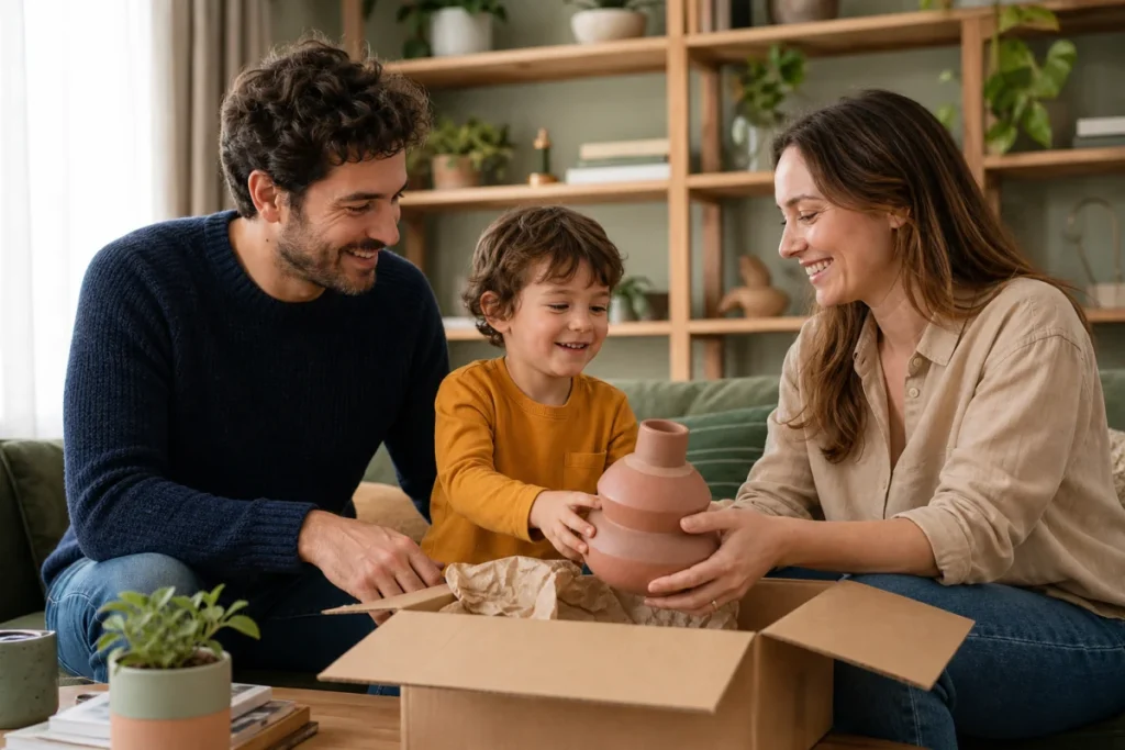 Famille heureuse déballant un objet décoratif en céramique dans un salon lumineux, une idée cadeau pour la famille.