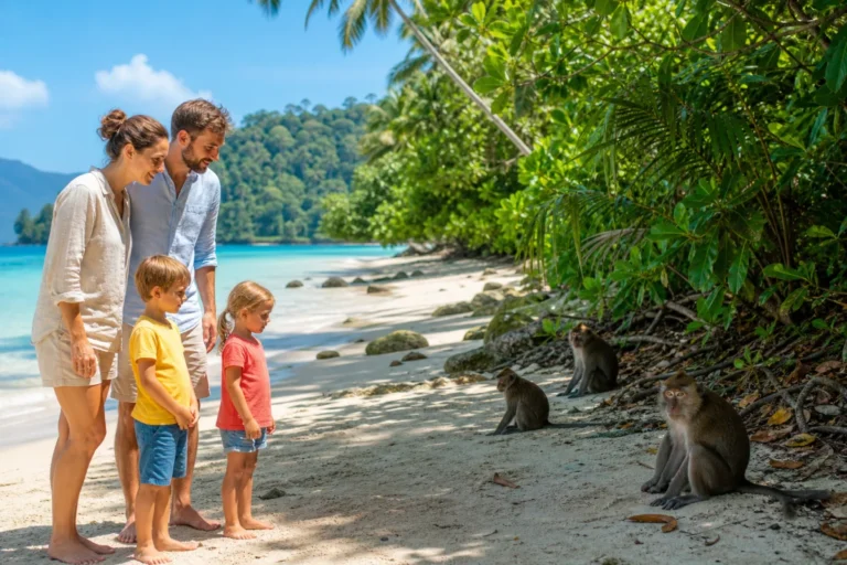 Famille observant des singes sur une plage tropicale lors d'un voyage en famille en Thaïlande.