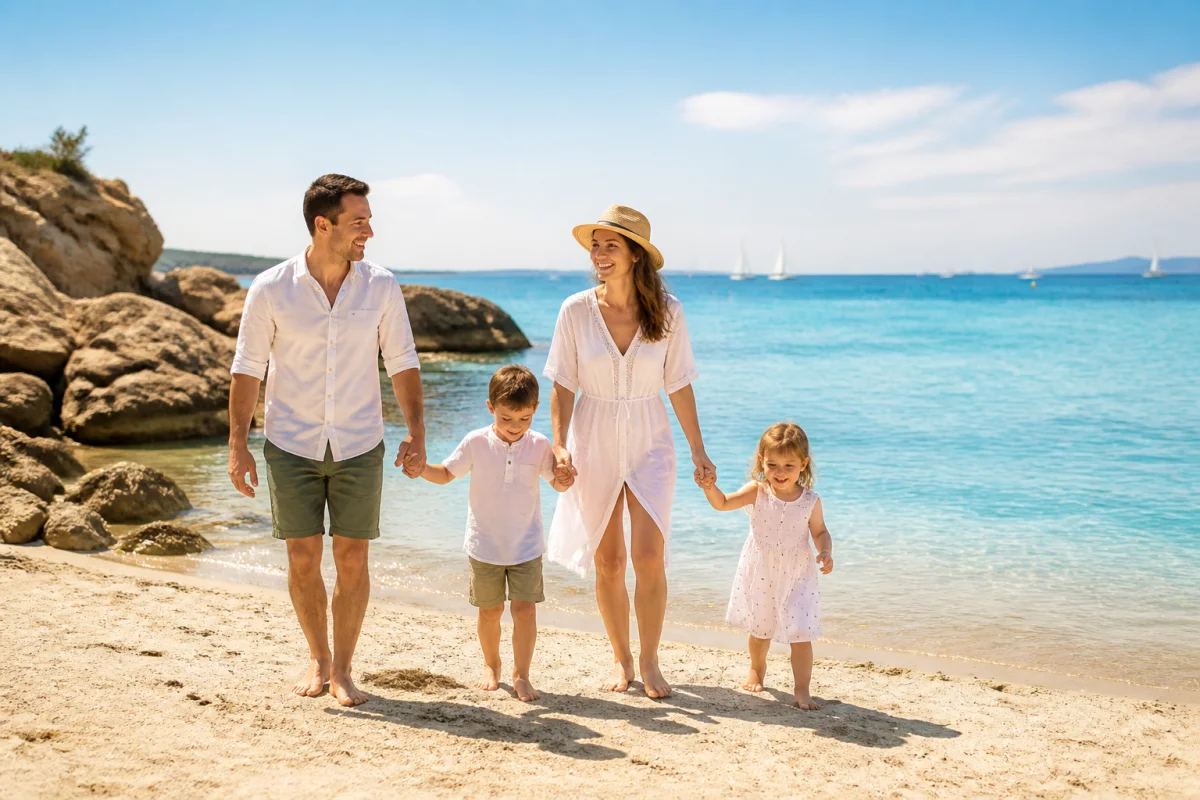 Famille heureuse marchant sur une plage de sable fin à Argelès-sur-mer lors de vacances ensoleillées en bord de mer.