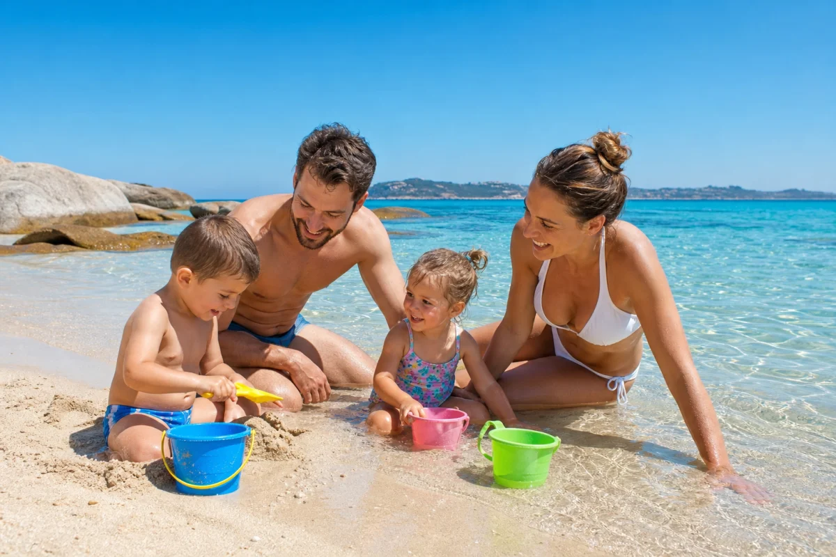 Jeunes parents et leurs deux enfants jouant joyeusement sur une plage de sable fin à Ibiza en famille.
