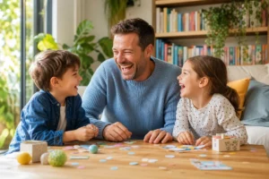 Père et ses deux enfants riant aux éclats dans un salon lumineux, une blague pour rire en famille.
