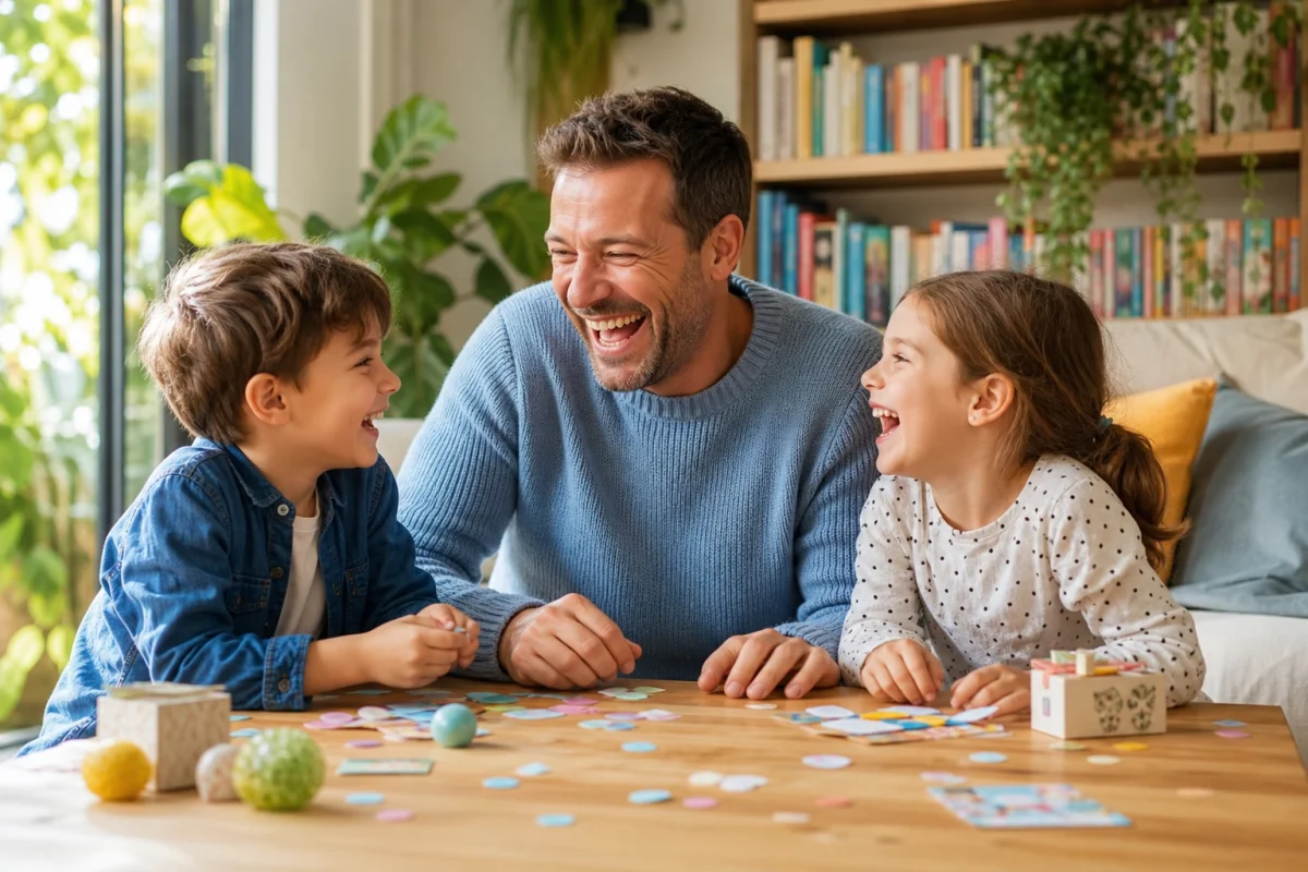 Père et ses deux enfants riant aux éclats dans un salon lumineux, une blague pour rire en famille.