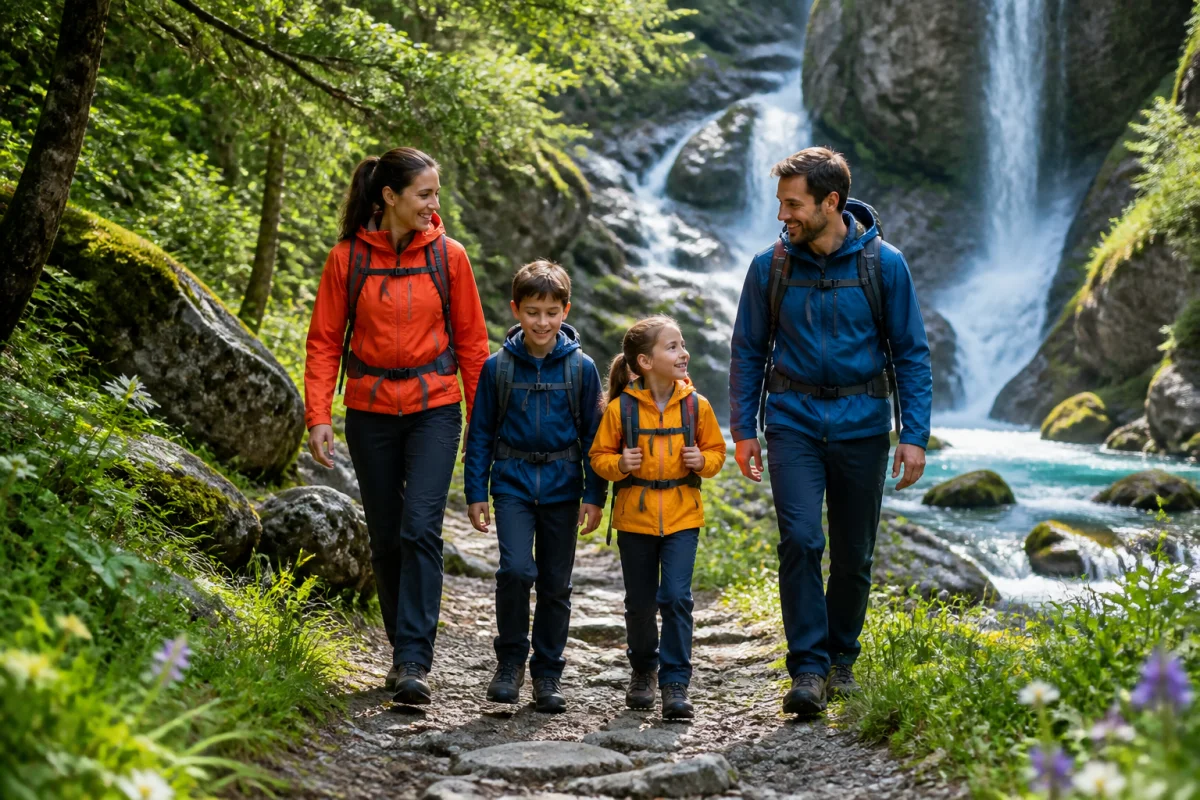 Famille en randonnée sur un sentier forestier verdoyant devant une cascade majestueuse pour une sortie à Luchon.