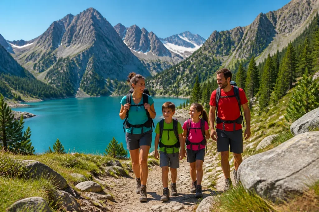 Famille en randonnée sur un sentier face à un lac alpin lors d'une sortie à Luchon en famille.