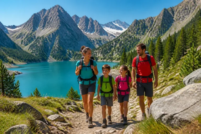 Famille en randonnée sur un sentier face à un lac alpin lors d'une sortie à Luchon en famille.