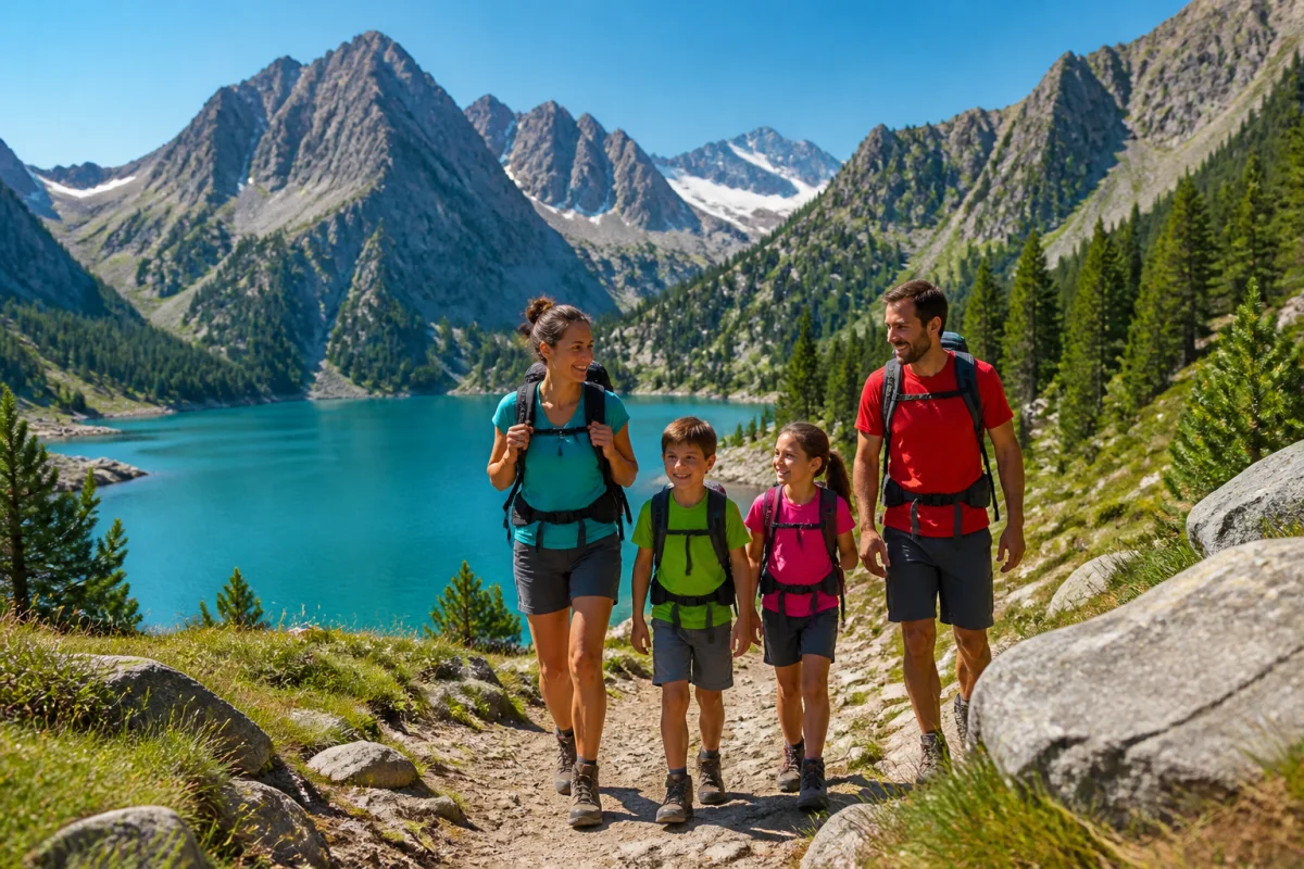 Famille en randonnée sur un sentier face à un lac alpin lors d'une sortie à Luchon en famille.